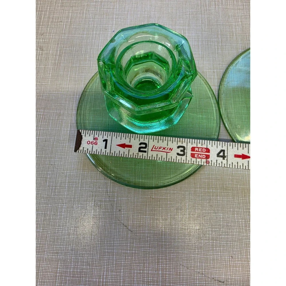 Vintage Green Uranium Glass Candlesticks Hexagonal Base Pair UV Glow Vaseline